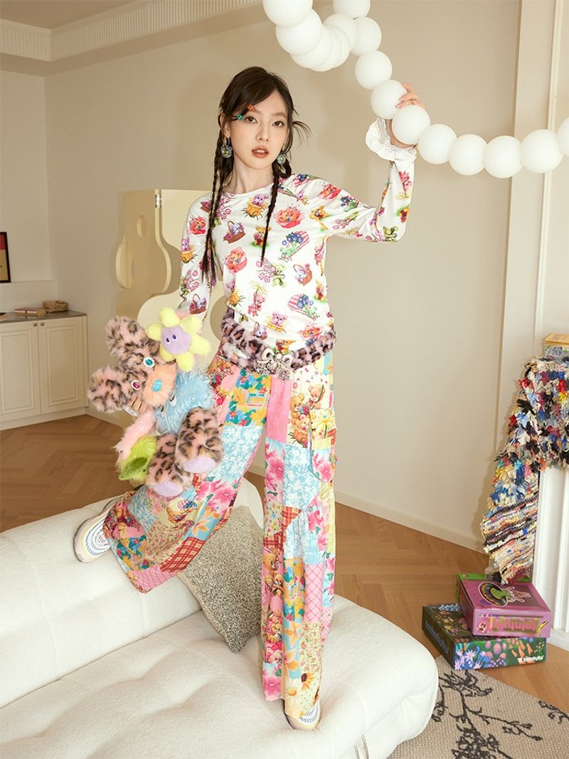 拼布 小熊印花 超薄 立体口袋 工装裤 寬褲 - 女装长裤 - 其他材质 多色