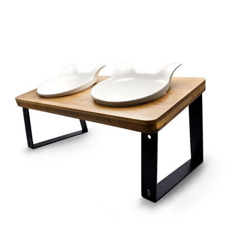 喵体工学-猫脸宠物餐碗架-两口(白) - 碗/碗架 - 瓷 白色