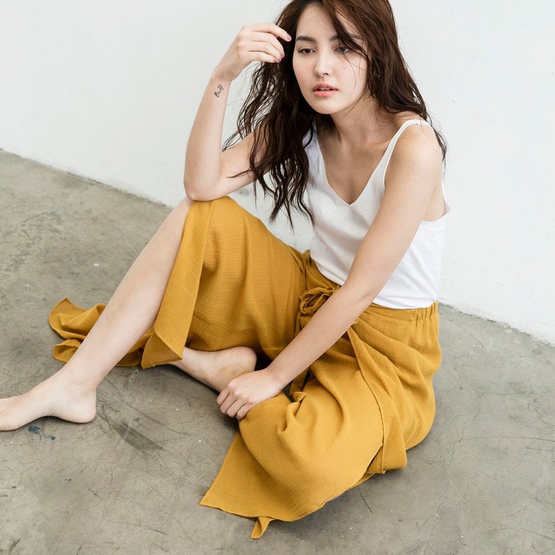 前绑带开衩裤 - 芥黄 - 女装长裤 - 棉．麻 黄色