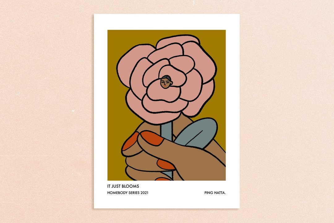 It Just Blooms - woman pink rose whimsical minimal modern boho art poster - 海报/装饰画/版画 - 纸 