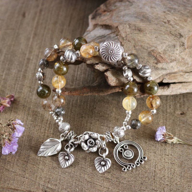 手工天然小树胶花水晶叶子泰银手链 泰国设计 纯银水晶手链 - 手链/手环 - 纯银 黄色