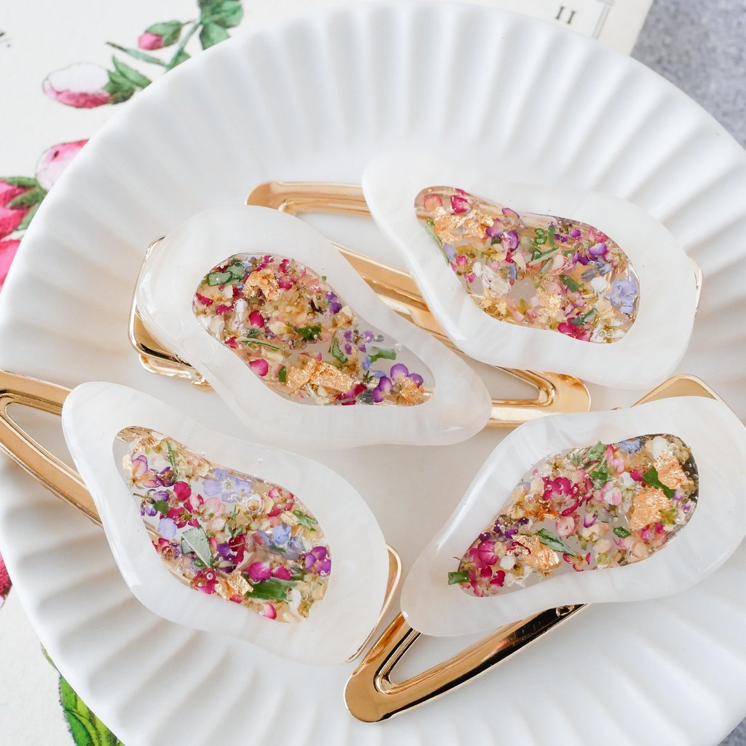 Dried Flower/Hair Clip/White Marble and Alyssum - 发饰 - 树脂 粉红色