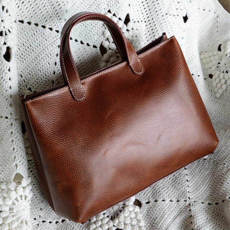 罐手制 纯手工定制商务休闲女士手工茶色十字纹牛皮手挎包 - 手提包/手提袋 - 真皮 咖啡色