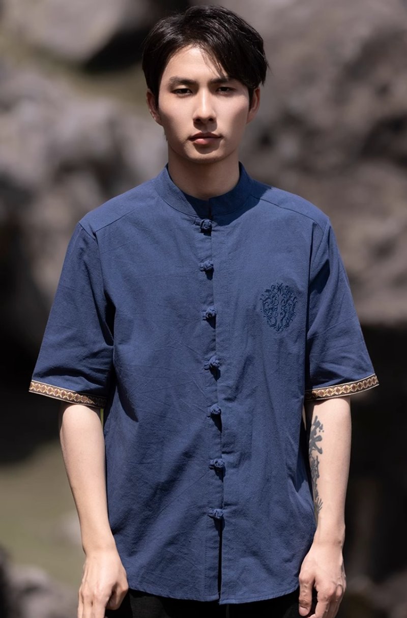 新中式复古 棉麻刺绣盘扣立领短袖衬衫 - 男装衬衫 - 其他材质 蓝色