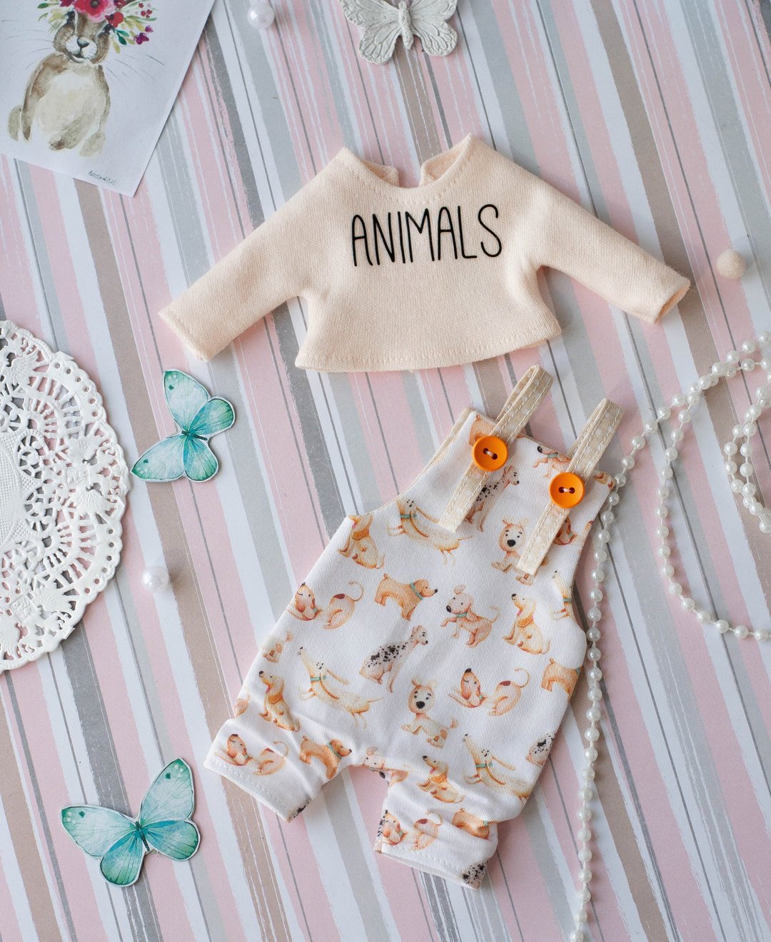 Jumpsuit and T-shirt for Blythe doll. Set. Attire. Doll clothes Outfit - 玩偶/公仔 - 棉 咖啡色