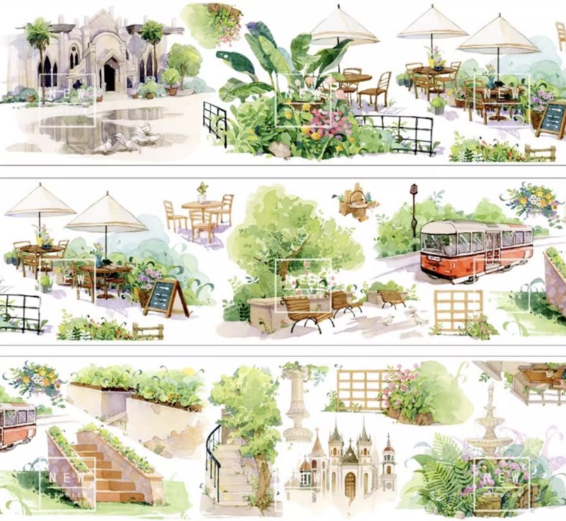 假日小巷 水彩畫造景 PET 和紙膠帶 台灣製 10米卷 - 纸胶带 - 其他材质 多色