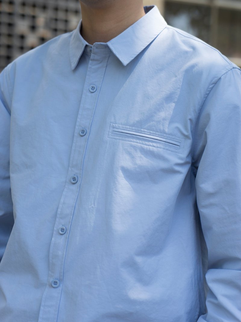 SHIRT 日系復古 潮流質感純色休閒百搭基礎款工裝長袖襯衫Cityboy - 男装衬衫 - 棉．麻 蓝色
