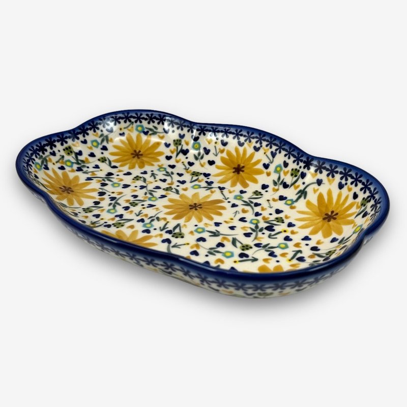 波兰手绘手工陶 - 云型盘 点心盘 蛋糕盘 24cm 黄色小步舞曲系列 - 盘子/餐盘/盘架 - 陶 黄色