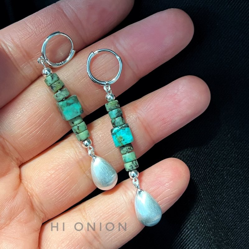 Hi onion原创小众设计绿松石银耳扣耳夹水滴长款新中式男女耳饰 - 耳环/耳夹 - 玉石 