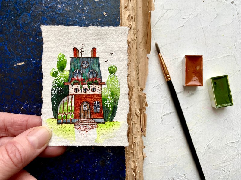Housewarming gift Original art Miniature artwork on handmade paper ACEO - 海报/装饰画/版画 - 纸 多色