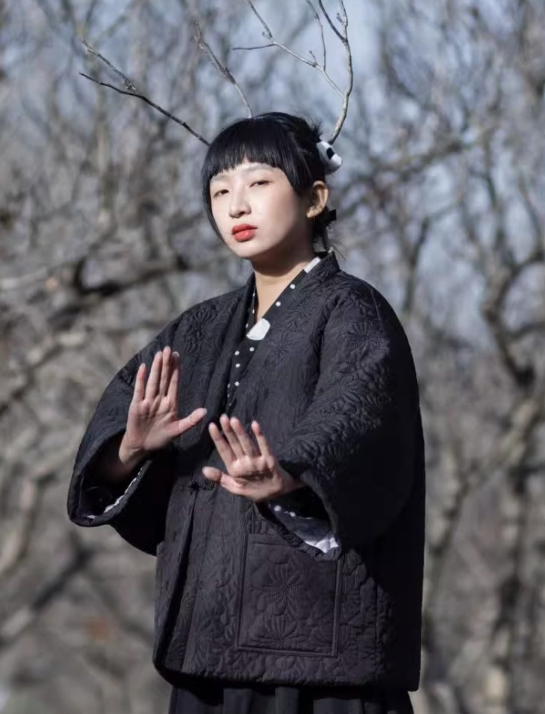 中式复古 花朵盘扣棉袄外套 - 女装上衣 - 其他材质 黑色