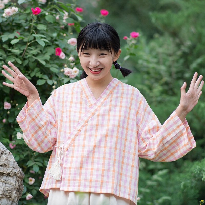 橘粉格子 和风流苏系带和服甚平 斜襟日式短袖衬衫 - 女装上衣 - 棉 粉红色