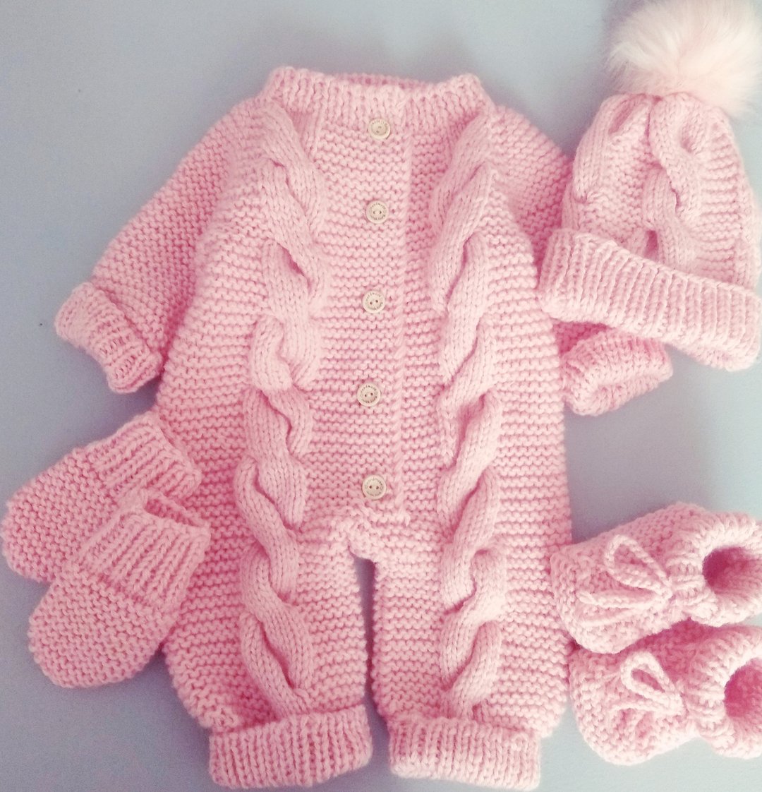 Knitting pattern for baby set, 0-6 months, pdf instruction in English - 包屁衣/连体衣 - 羊毛 粉红色