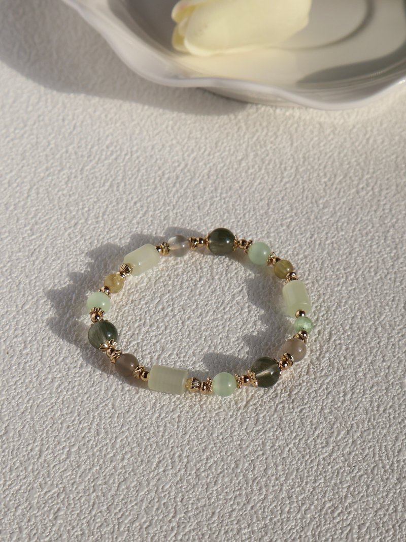 浅草绿町。绿纹石桶珠 黄磷灰石 银灰月光 14K包金 水晶矿石手链 - 手链/手环 - 水晶 绿色