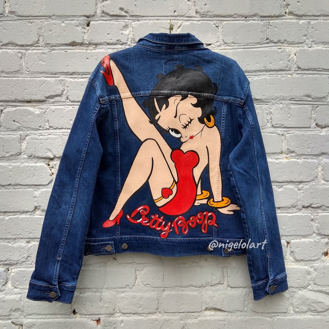 Painted Denim Jacket Handmade Custom jacket Betty Boop Gift - 女装休闲/机能外套 - 棉 多色
