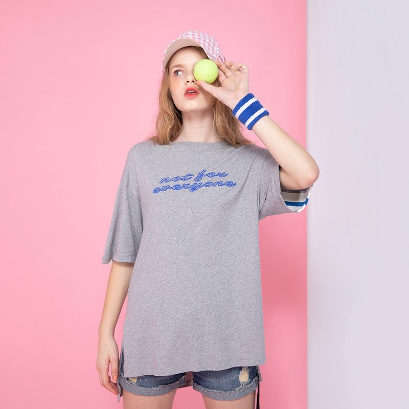 【中性款】 罗纹拼接短袖上衣 / 麻灰色 - 中性连帽卫衣/T 恤 - 棉．麻 灰色