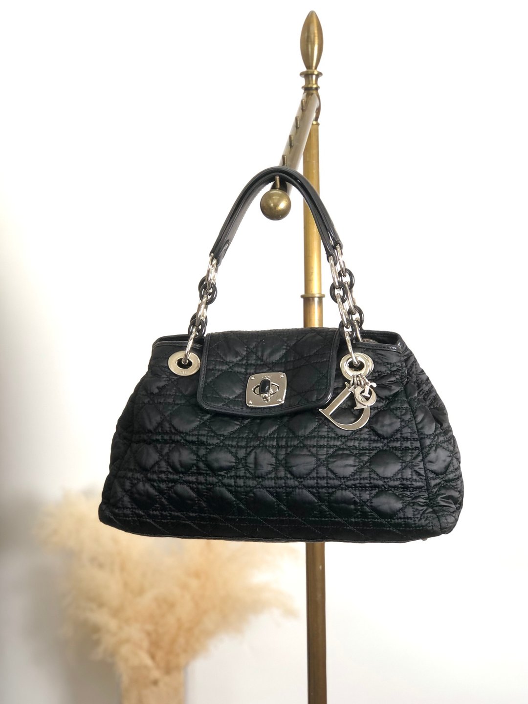 [日本直送，品牌二手包] Christian Dior Cannage 手提包，黑吊饰，尼龙，djbswt - 手提包/手提袋 - 尼龙 黑色