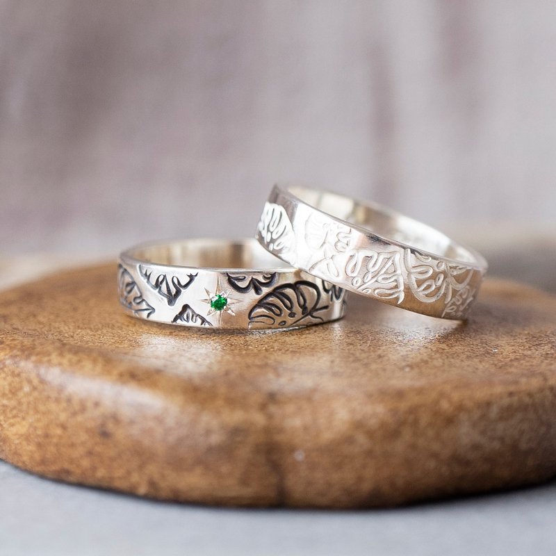 敲敲图腾【龟背芋】925手工小宽戒 纯银定制戒指 对戒 送礼 - 戒指 - 纯银 银色