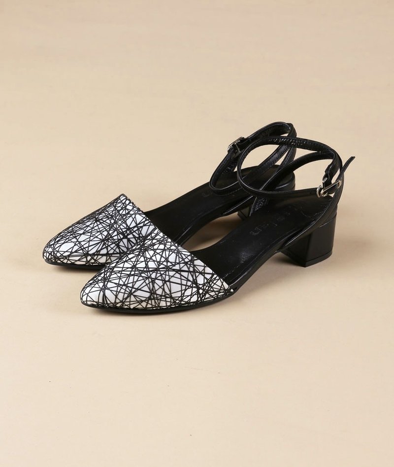 【怦然时刻】优雅系带中跟凉鞋_几何黑白 - 男女凉鞋 - 纸 黑色