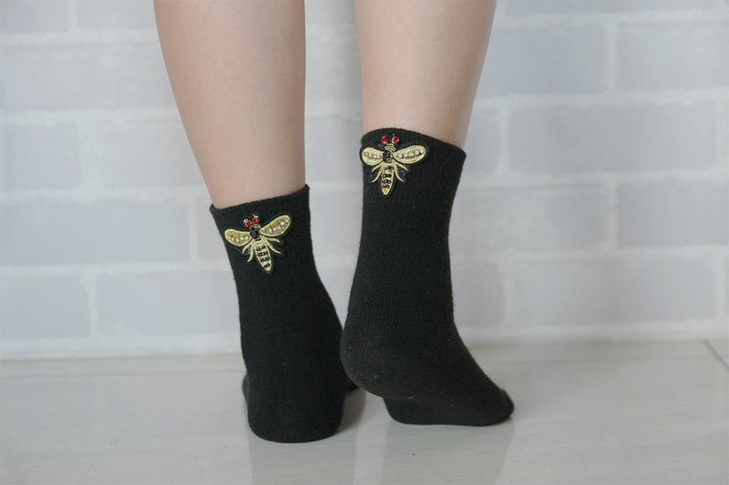 Unni羊毛袜-羊毛袜 刺绣 短袜 袜子 鞋履袜品 socks 保暖 冬天袜 - 袜子 - 羊毛 黑色