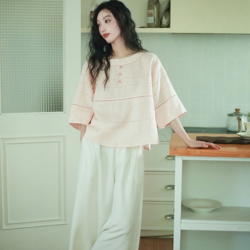 安妮陈100亚麻衬衫 女夏2025新款宽松超好看松弛感老钱风气质短袖 - 女装衬衫 - 其他材质 多色