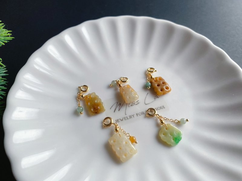 天然缅甸玉翡翠 特色 饼干 独一无二 吊饰 随意扣 礼物 设计款 - 吊饰 - 玉石 黄色