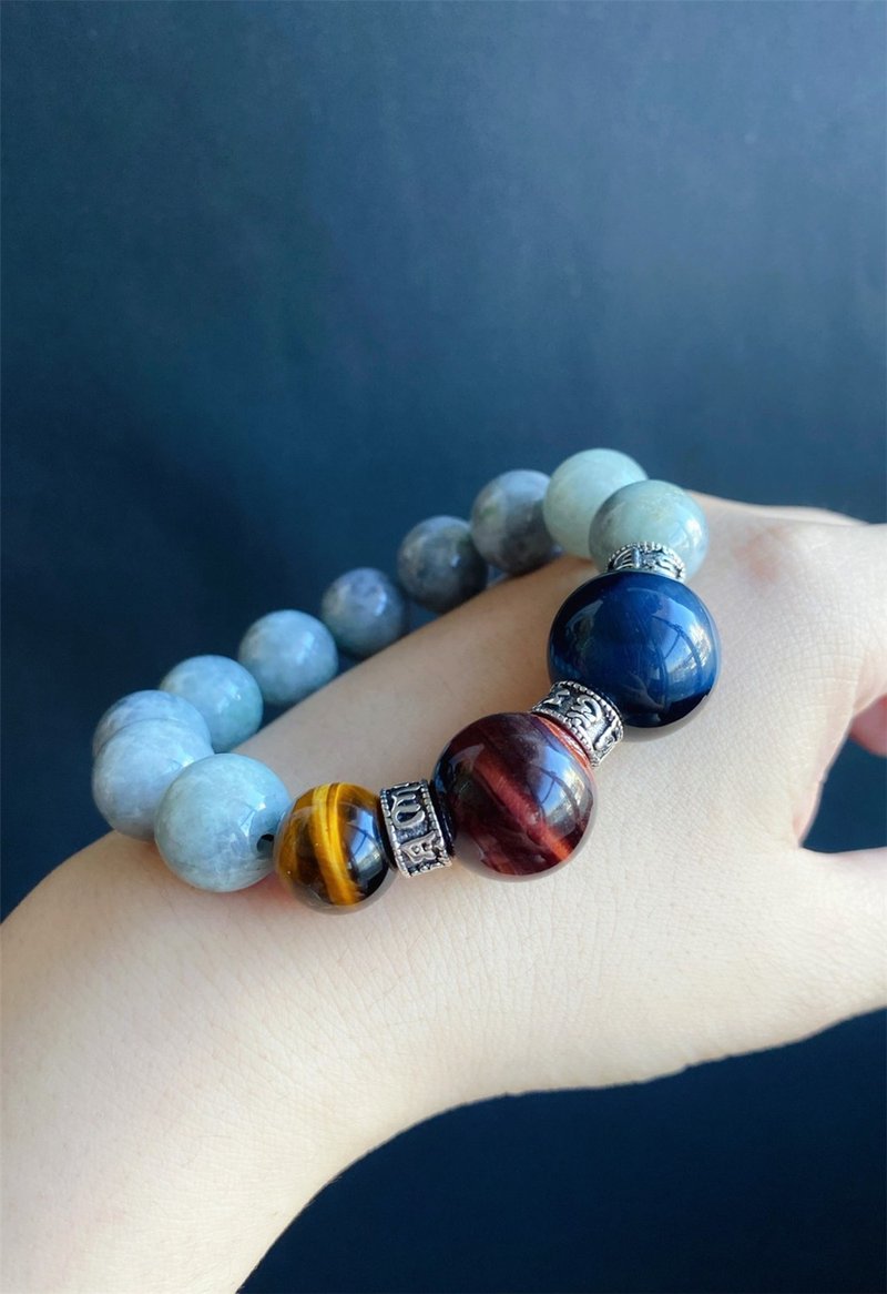 天然缅甸玉翡翠 浅乌鸡带绿翡翠 虎眼石 手链 男士翡翠手链 礼物 - 手链/手环 - 玉石 灰色