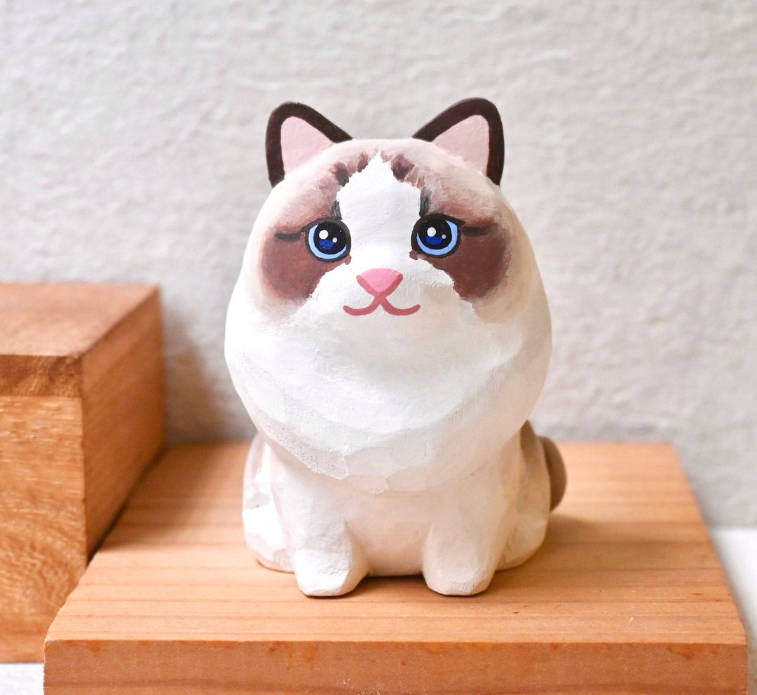 可爱布偶猫 长毛猫 猫咪 手工木制疗愈小木雕公仔 摆饰 - 摆饰 - 木头 卡其色