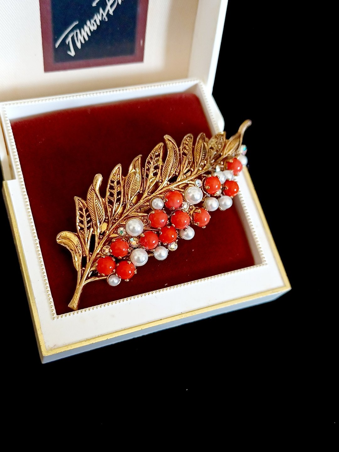 vintage jewelry 古董西德铜叶镶珍珠别针 - 胸针 - 其他金属 