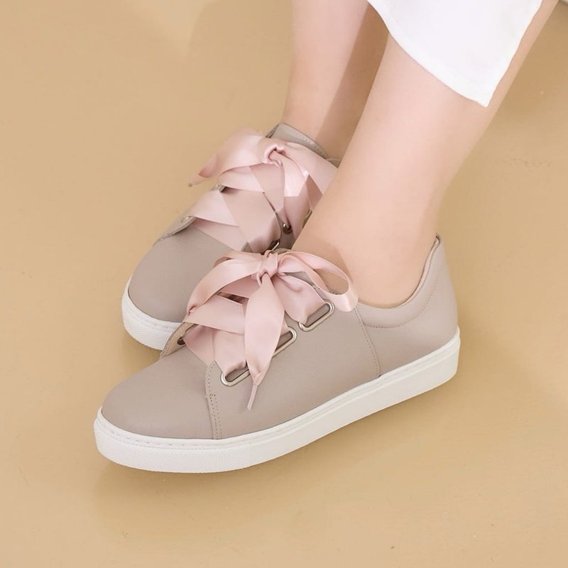 【前进的少女】牛皮缎带系绳休闲鞋_灰色蒙田 - 女款休闲鞋 - 真皮 粉红色