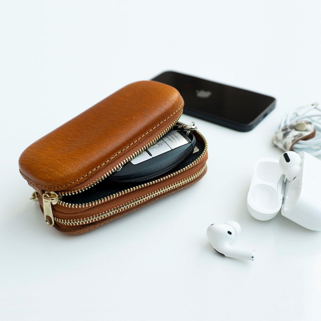 本革 植鞣革 【 压褶双层收纳包 】 驼色 小物袋 零钱包 压褶 iQOS 皮革 父亲节 HZ03K - 化妆包/杂物包 - 真皮 咖啡色