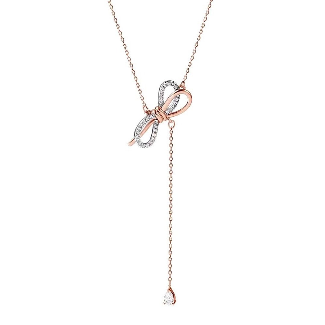 I JEWELRY 知性小蝴蝶结垂坠锆石双戴Y型纯银长项链 玫瑰金 现货 - 项链 - 纯银 银色