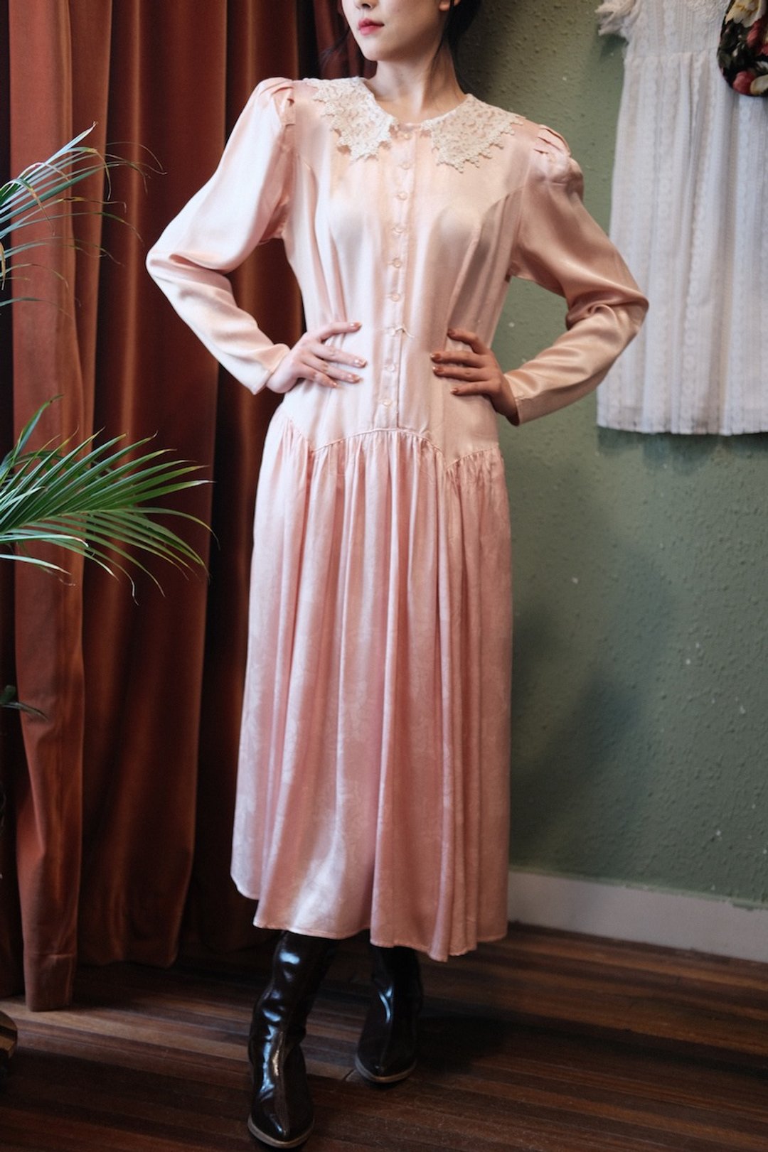Vintage dress美产Down Joy蕾丝翻领低腰线复古缎面暗纹连衣裙 - 洋装/连衣裙 - 棉 