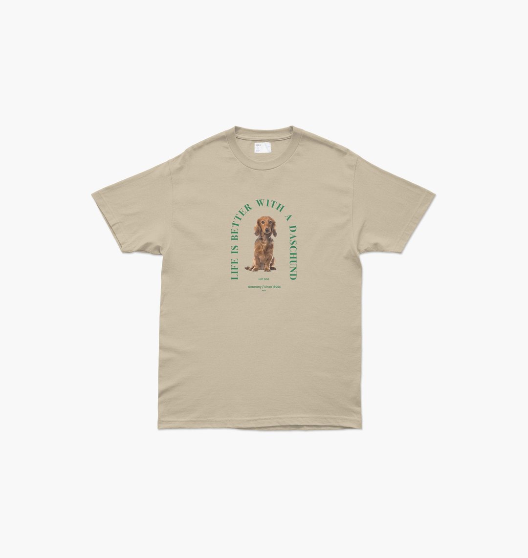 上衣 HAY : Daschund T-Shirt - Oatmeal / White (unisex) - 女装 T 恤 - 棉 