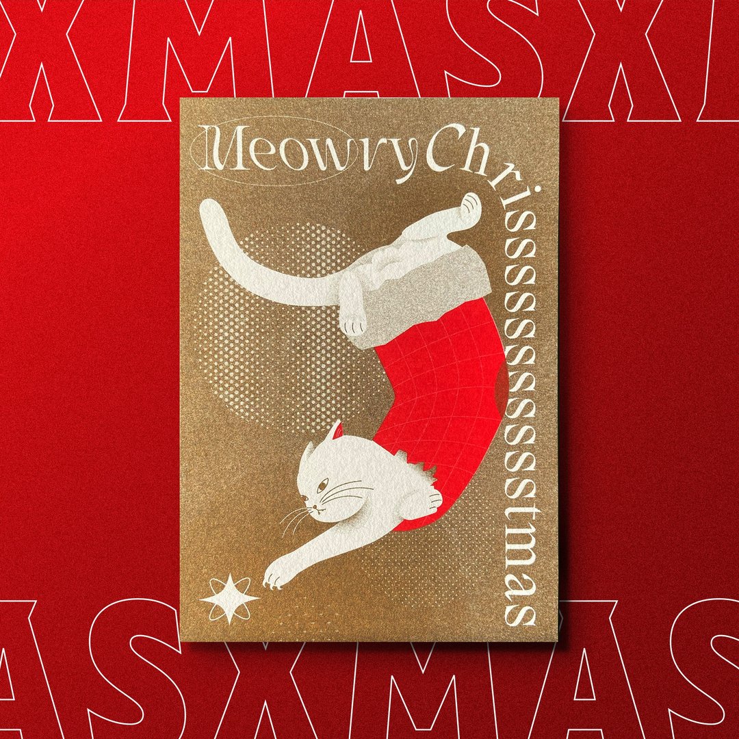 Meowry Christmas( 袜) 圣诞咭 Xmas card 烫金 圣诞礼物 - 卡片/明信片 - 纸 红色