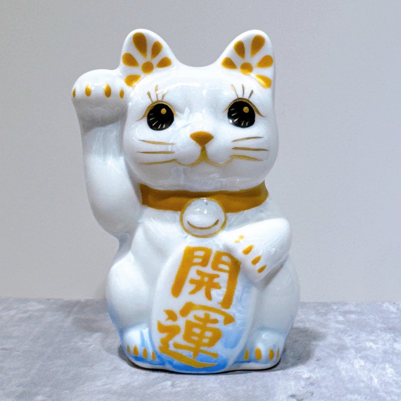 【祥光迎福】日本清水烧招财猫 | 花结晶 青白 开运 右 特小 - 摆饰 - 瓷 蓝色