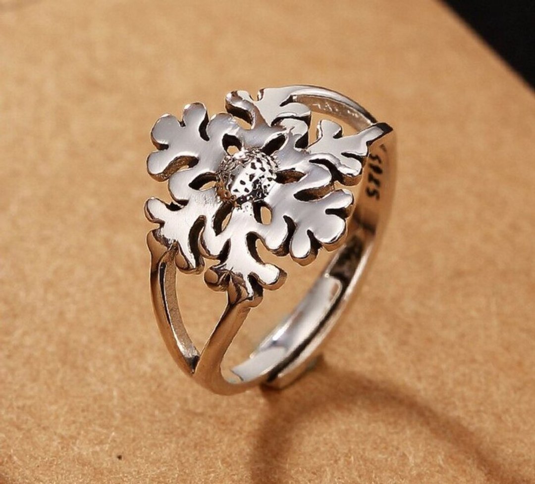 Real 925 Sterling Silver Handmade Snowflake Finger Ring Women Opening Rings - 戒指 - 银 银色