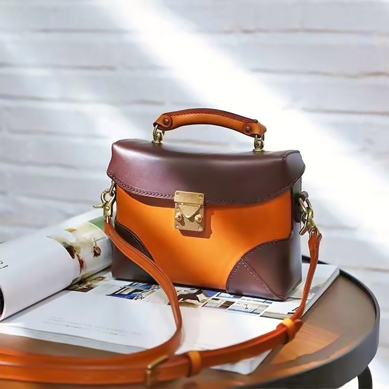 复古手提包 真皮女包 牛皮箱子包 斜背包 侧背包 单肩斜挎包 礼物 - 侧背包/斜挎包 - 真皮 