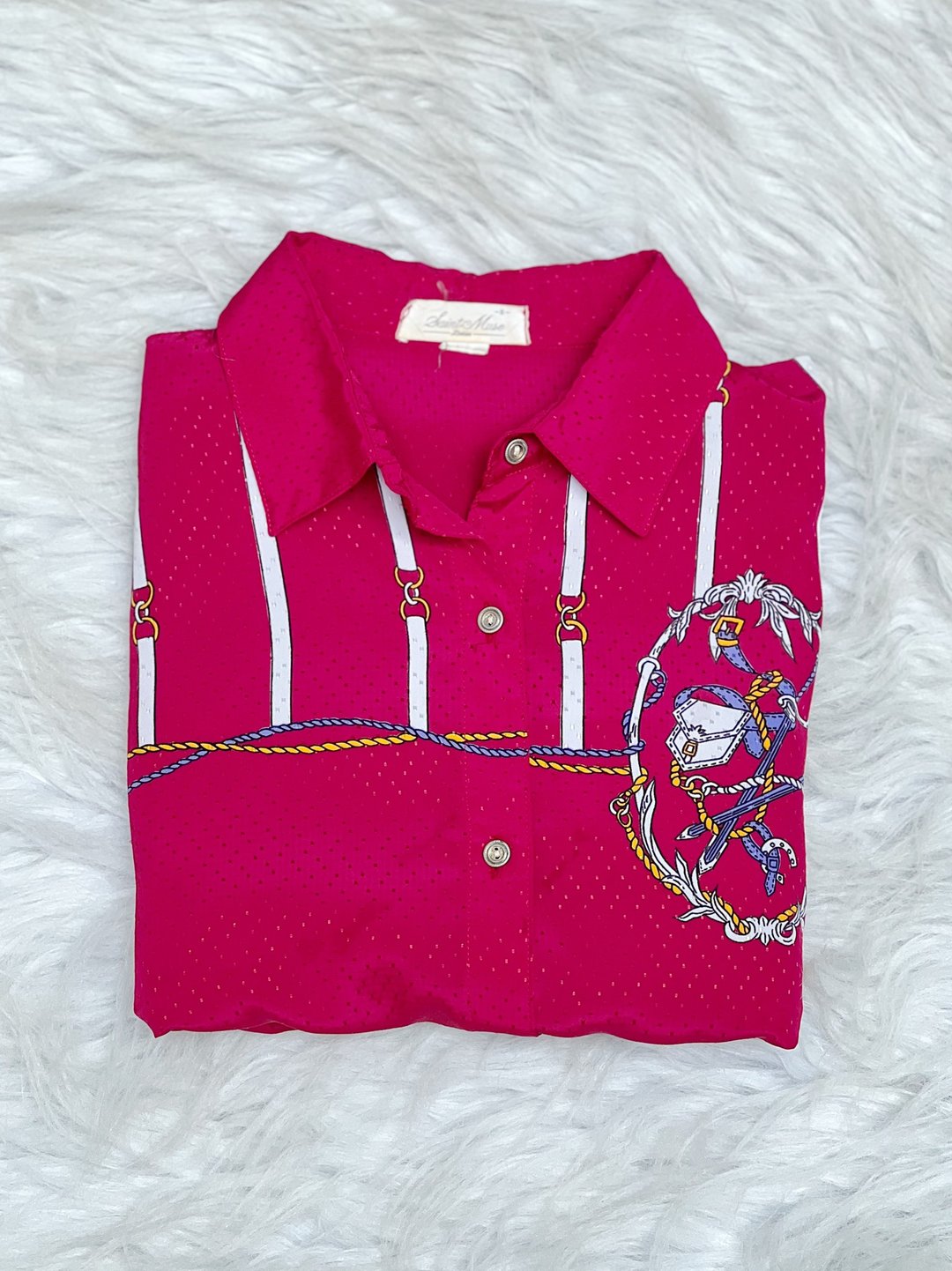 桃红亮面碎点华丽锁链 滑布薄料衬衫上衣罩衫shirt vintage 古着 - 女装衬衫 - 聚酯纤维 多色