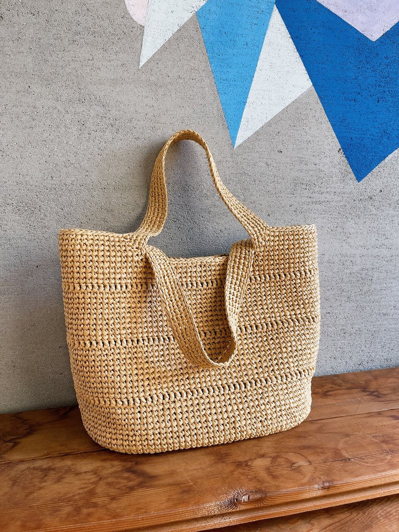 拉菲草编织手提袋 肩背包2用—卡其 - 手提包/手提袋 - 环保材料 卡其色