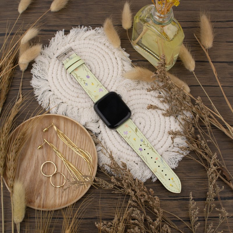 多色花朵图案浅绿色苹果表带 Apple Watch 4/5/6/7/8/9/SE/Ultra - 表带 - 真皮 绿色