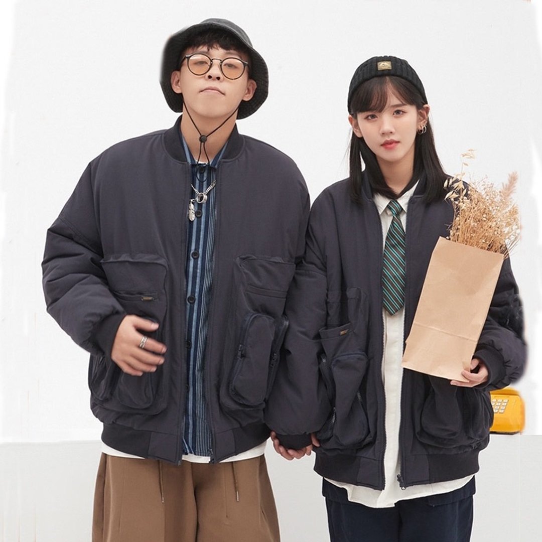 日系原宿风工装外套男女棉服宽松棒球领面包服冬季情侣款 - 男装外套 - 棉 