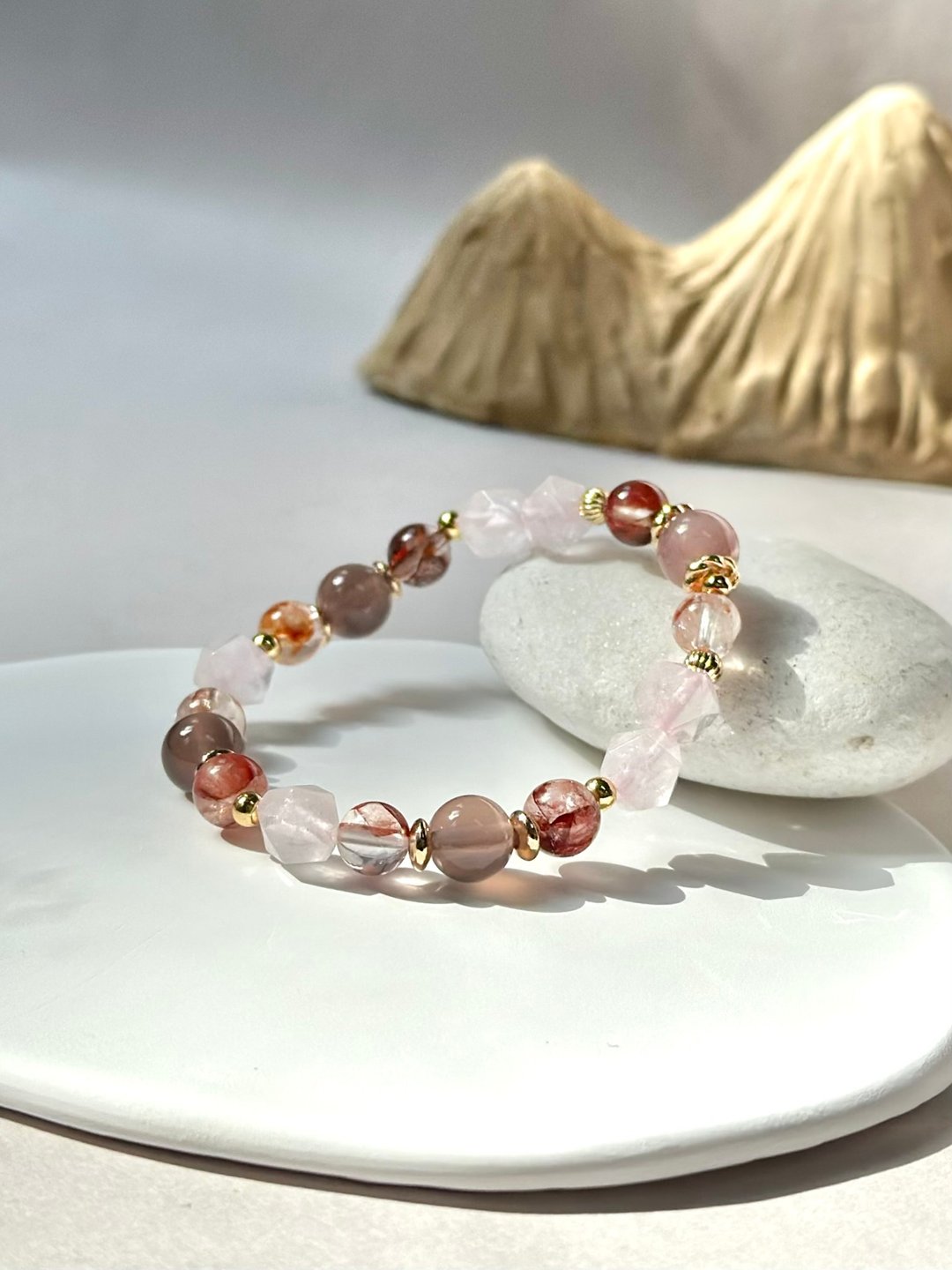 粉水晶、红胶花、烟紫玛瑙天然水晶手链/ 好人缘、招桃花、开运 - 手链/手环 - 水晶 粉红色
