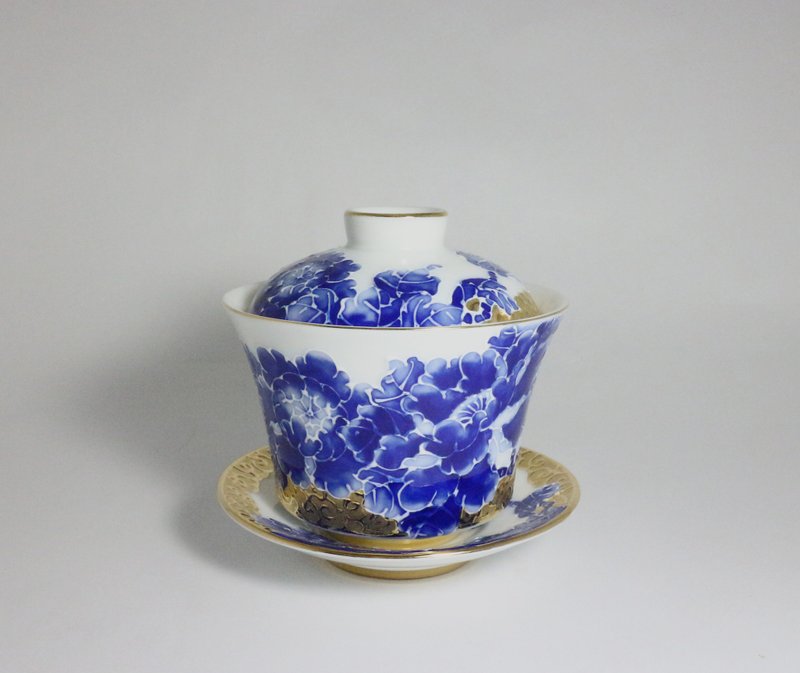 纯手绘茶杯-局部鎏金牡丹(三件式盖杯)-青花 - 茶具/茶杯 - 瓷 蓝色