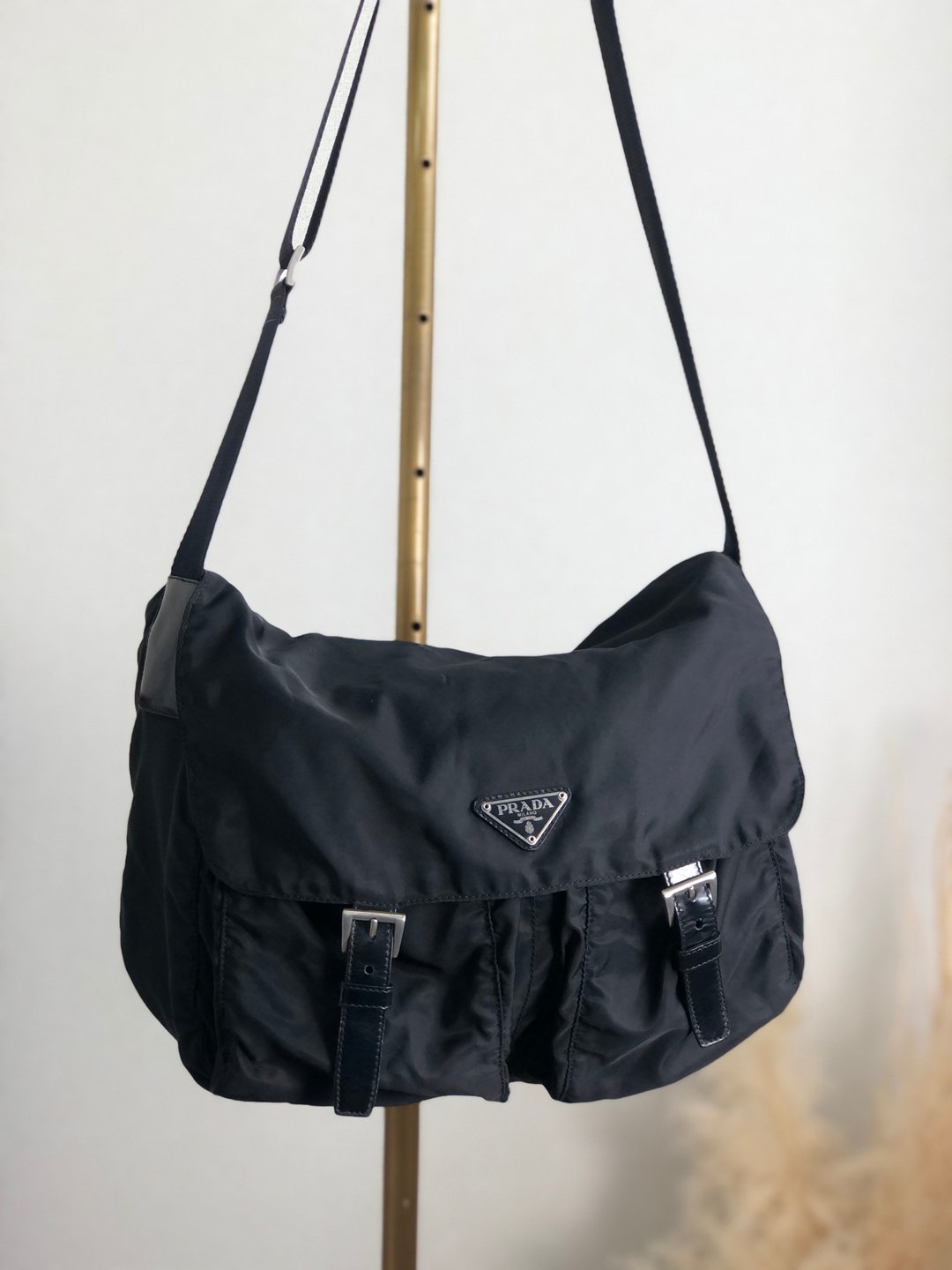 【日本直运，名牌二手包装】PRADA 单肩包黑三角标志尼龙双口袋斜挎包 hadeda - 侧背包/斜挎包 - 尼龙 黑色