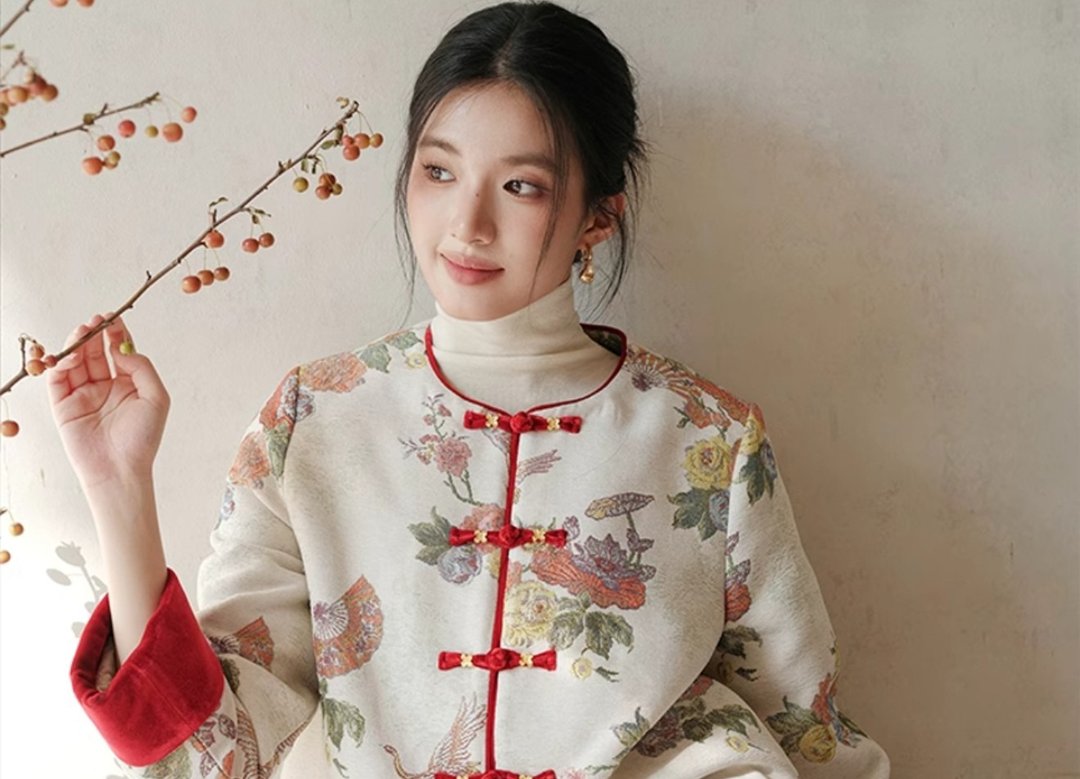 新中式復古中國風 金丝提花盘扣夹棉 短外套/半裙 - 女装上衣 - 聚酯纤维 红色