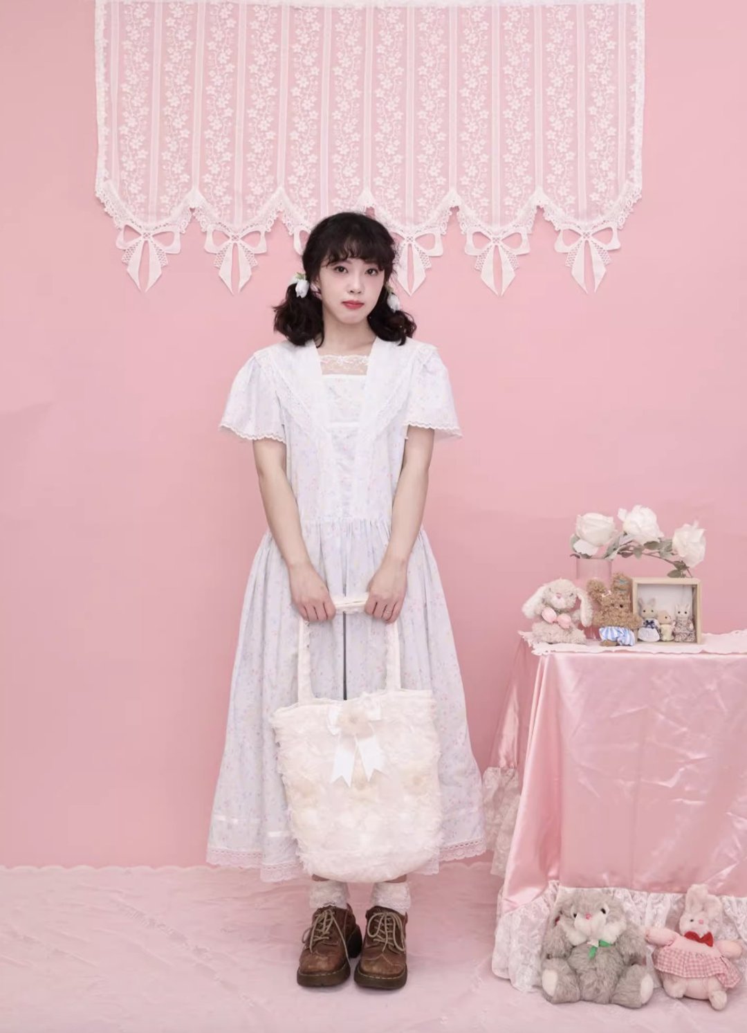 古董少女感 碎花蕾丝花边 海军领连身裙 - 洋装/连衣裙 - 其他材质 蓝色