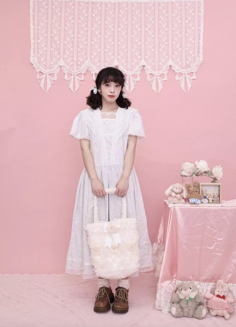 古董少女感 碎花蕾丝花边 海军领连身裙 - 洋装/连衣裙 - 其他材质 蓝色