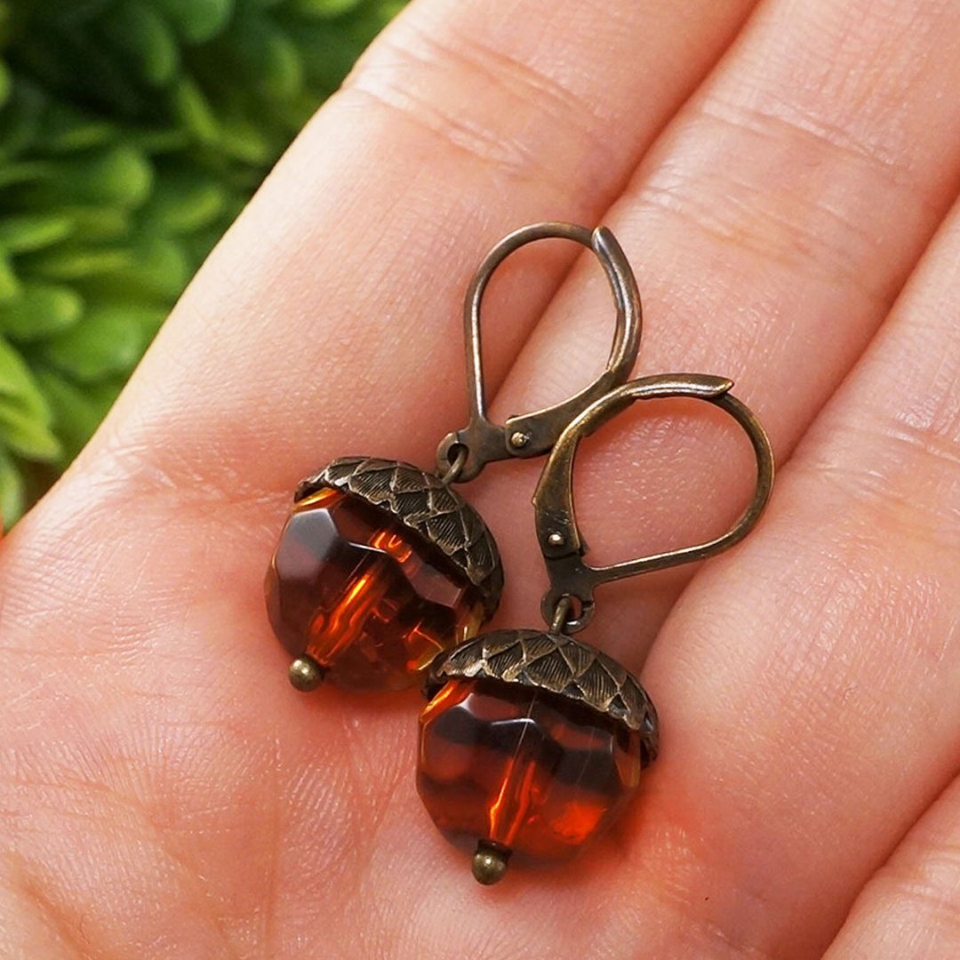 Orange Fire Red Glass Acorn Forest Nature Woodland Drop Earrings Woman Jewelry - 耳环/耳夹 - 玻璃 橘色