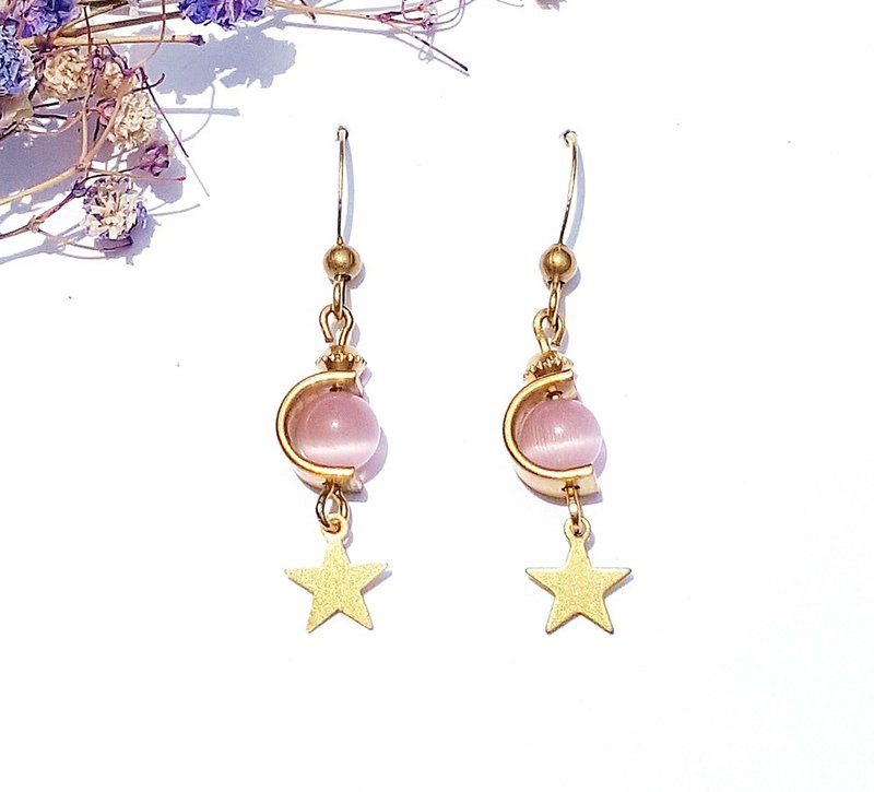 恋爱星球-猫眼石 黄铜耳环 极简几何 个性 情人节 生日礼物 定制 - 耳环/耳夹 - 铜/黄铜 粉红色